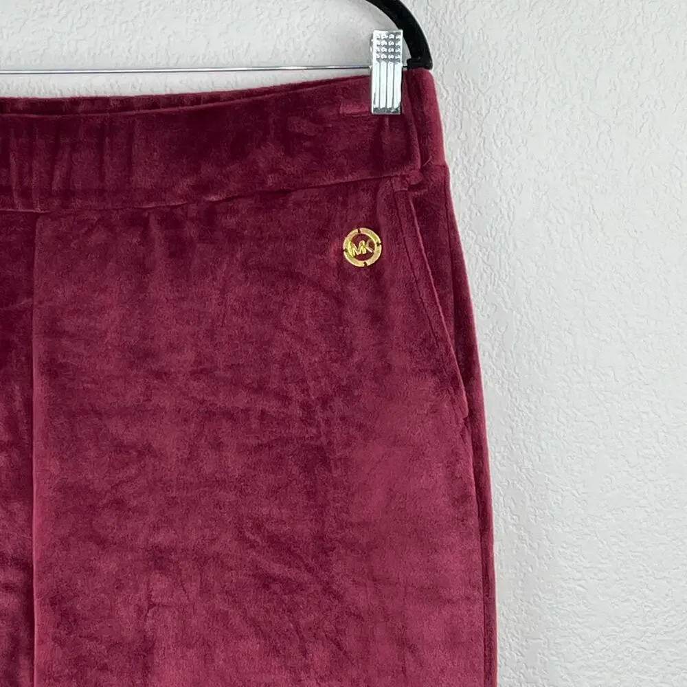 Michael Kors Burgundy Velour Straight Leg Track Pants L NWOT Ruby Maroon Red